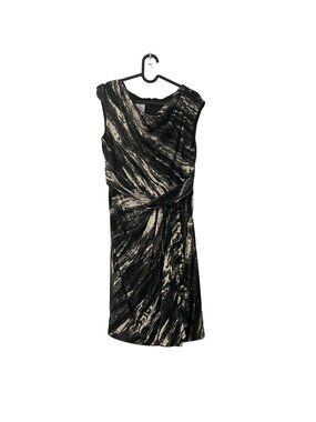 Suzy Chin Black Gray Abstract Cowlneck Draped Stretch Sleeveless Sheath Dress 6